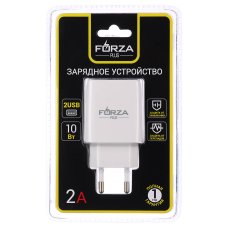 Сетевое зарядное устройство Стандарт, 2xUSB, 2А, 5В, Белый FORZA